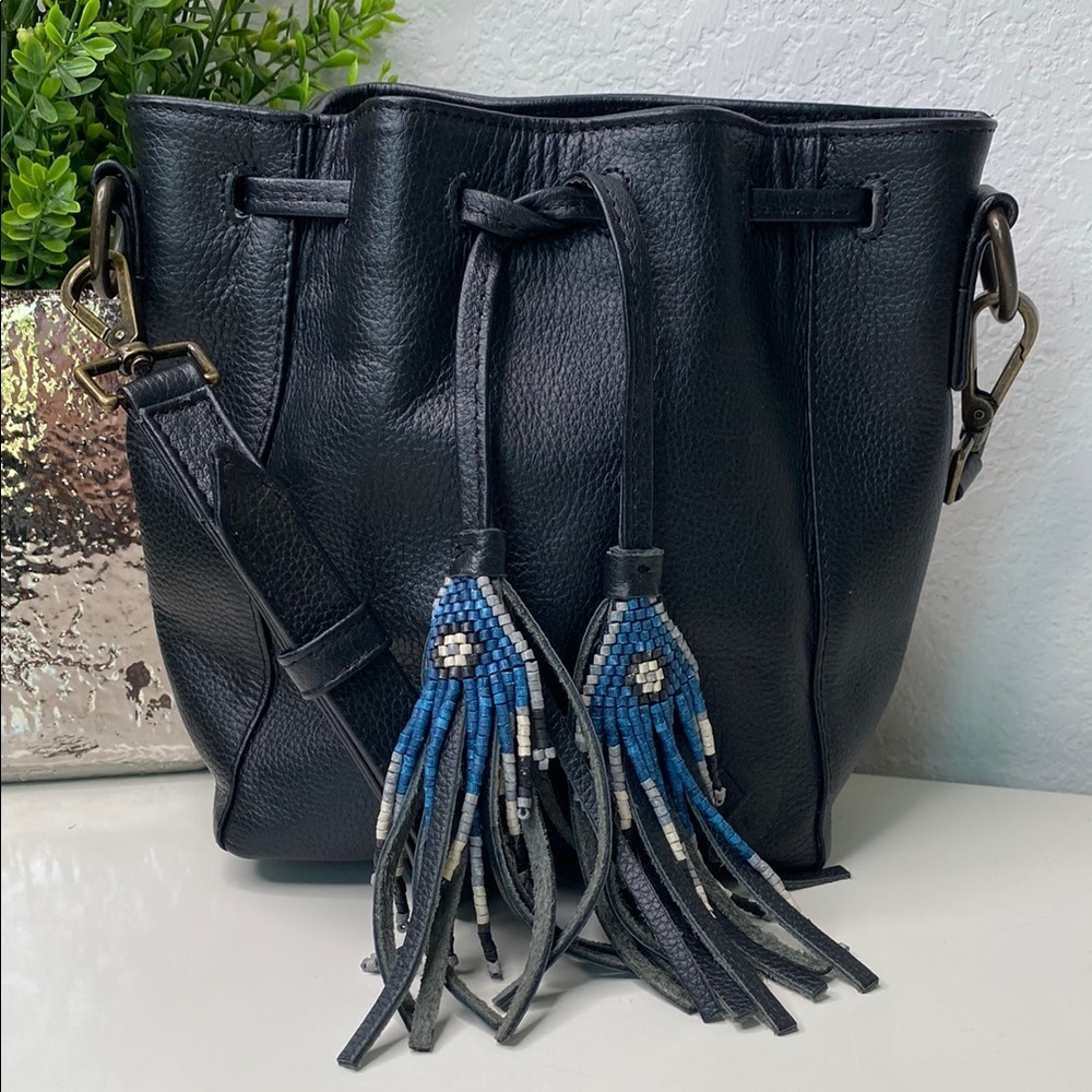 Cristina Orozco Hand Crafted Black‎ Leather Bucket Bag with Blue Beaded Tassels